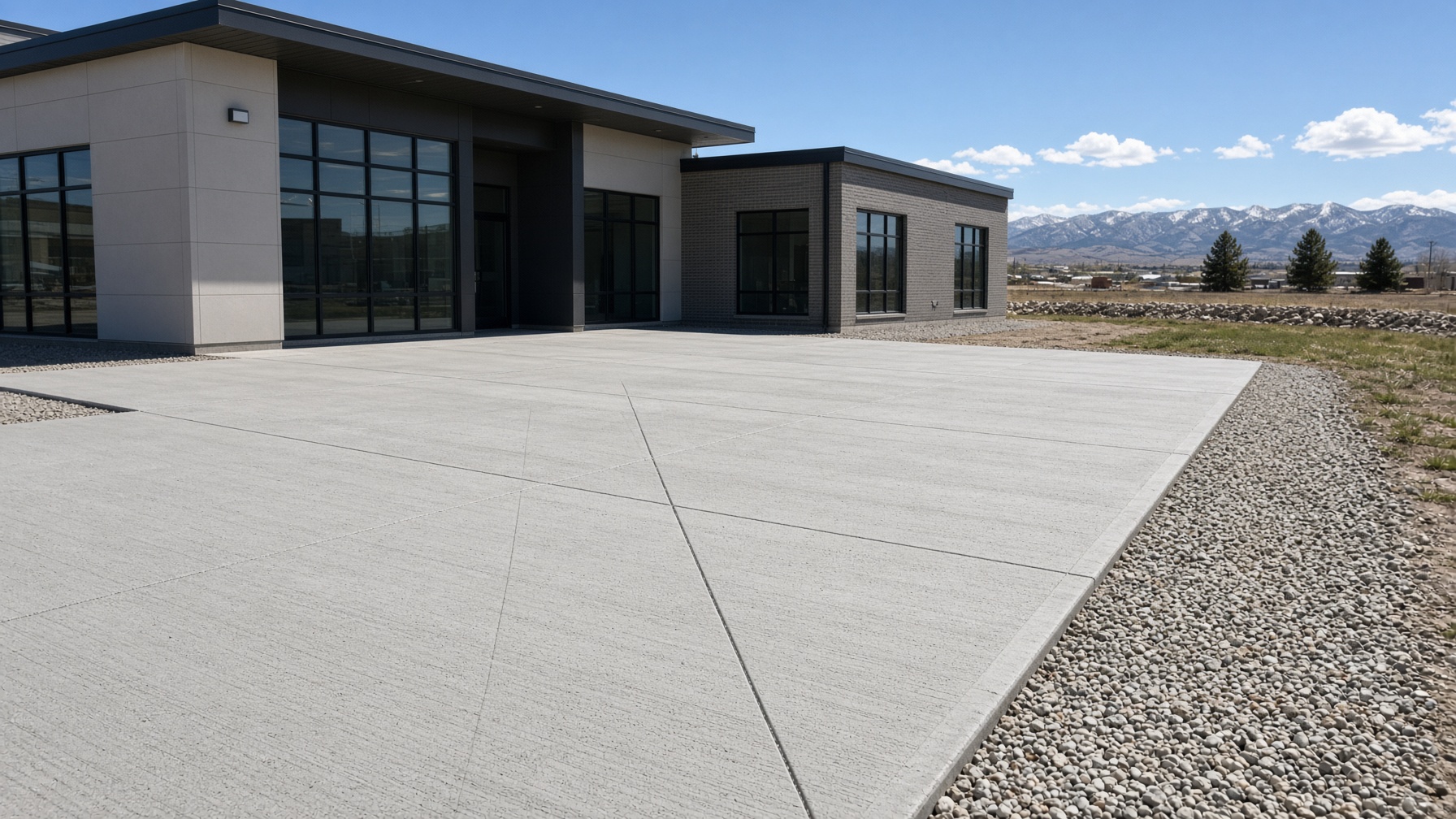 Placeholder after photo of a finished gray concrete apron at a commercial building.