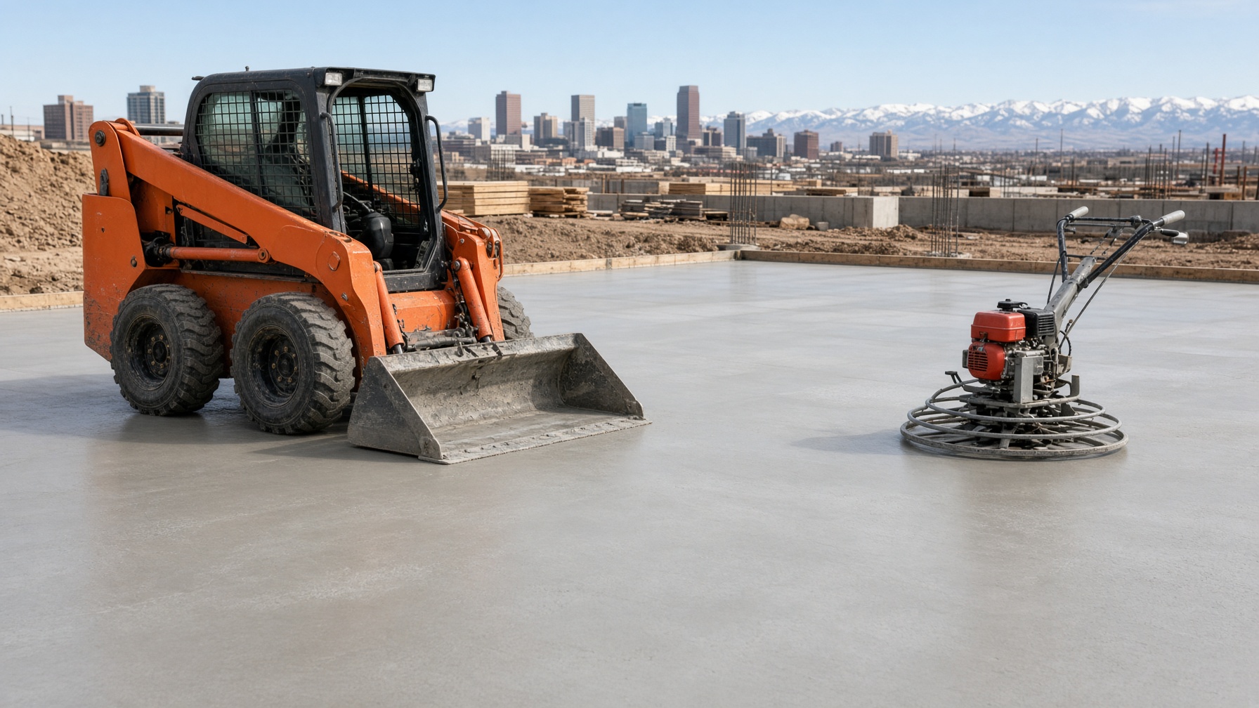 Placeholder photo of a skid-steer loader and a power trowel on a concrete slab.