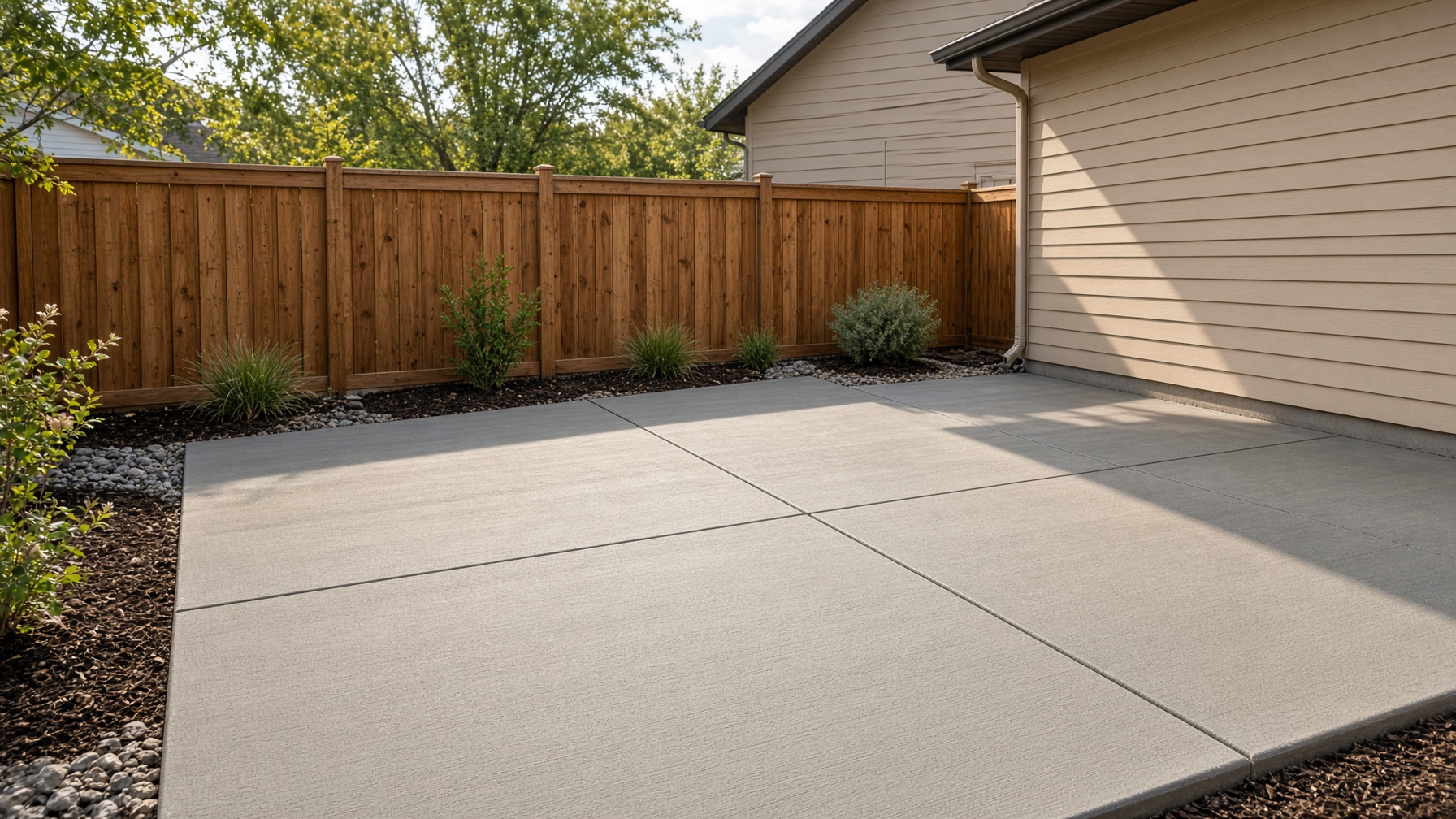 Placeholder after photo of a smooth gray backyard concrete patio.